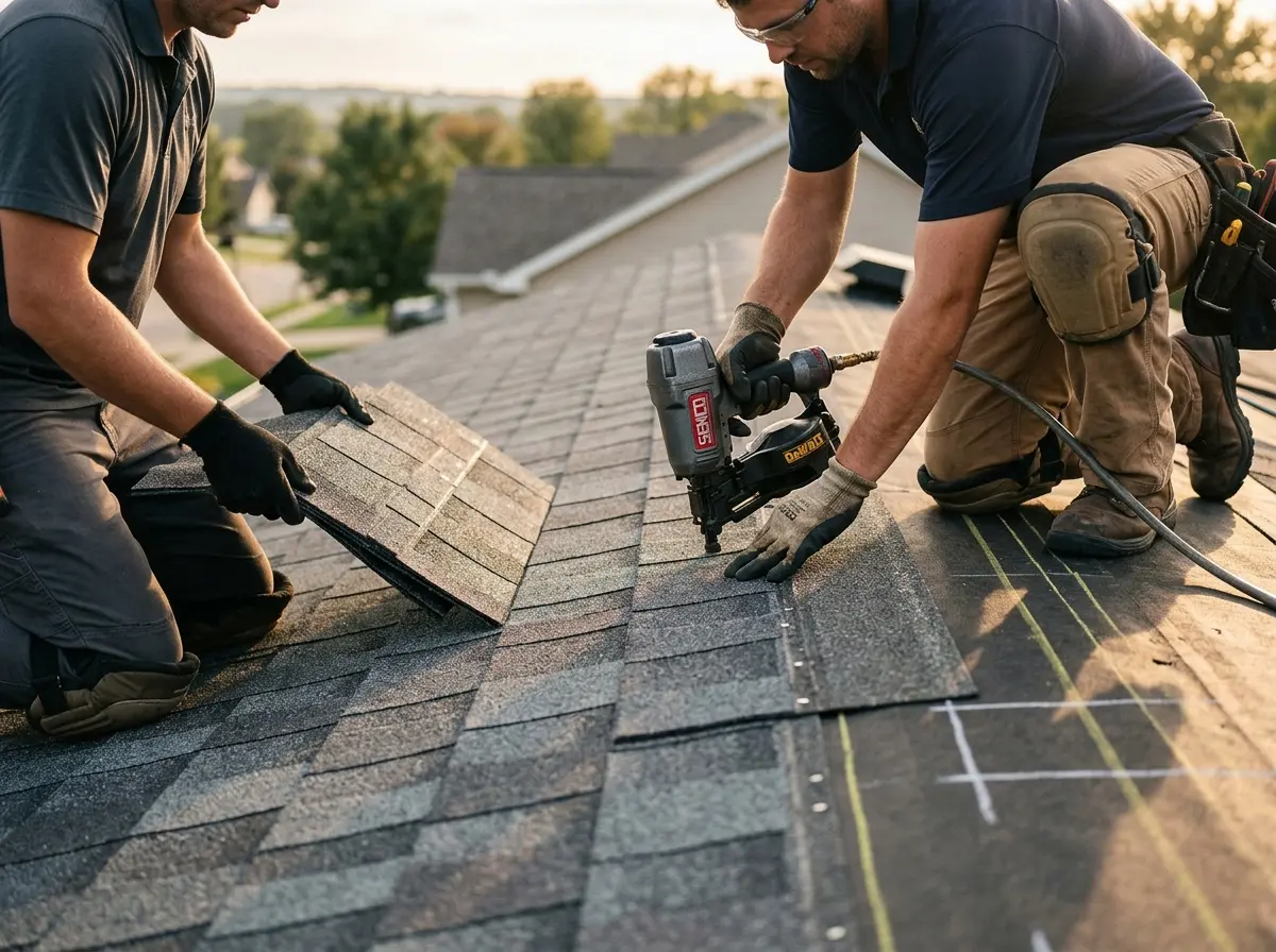 Professional roofer working on a residential roof in Millington